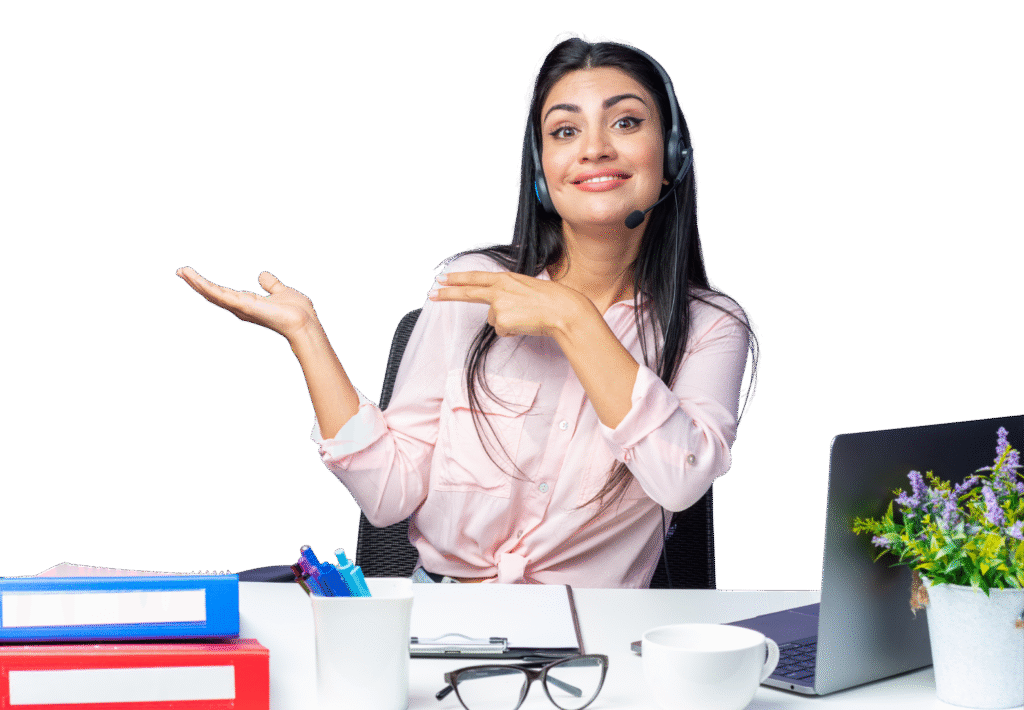 digital marketing expert young-beautiful-woman-casual-clothes-wearing-headset-with-microphone-smiling-presenting-with-arm-hand-sitting-table-with-laptop-blue-wall-working-office